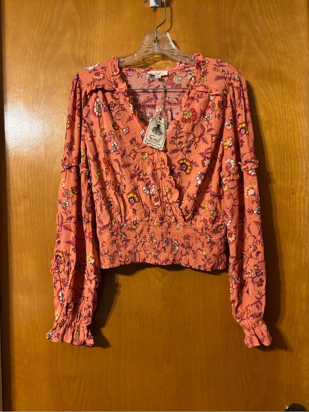 Easel Coral Floral Smocked-Waist V-Neck Blouse